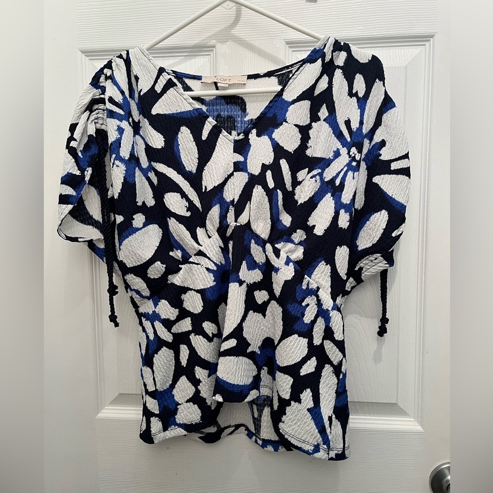 LOFT Blue and White Ruched Blouse